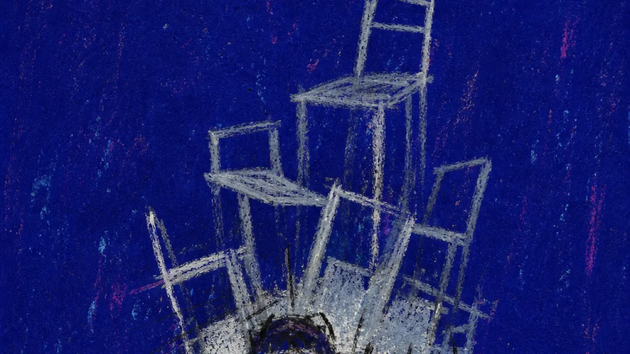 Empty Seats, Added Weight A solitary figure bent under stacked papers, empty chairs casting weight onto braced shoulders in dark blue space