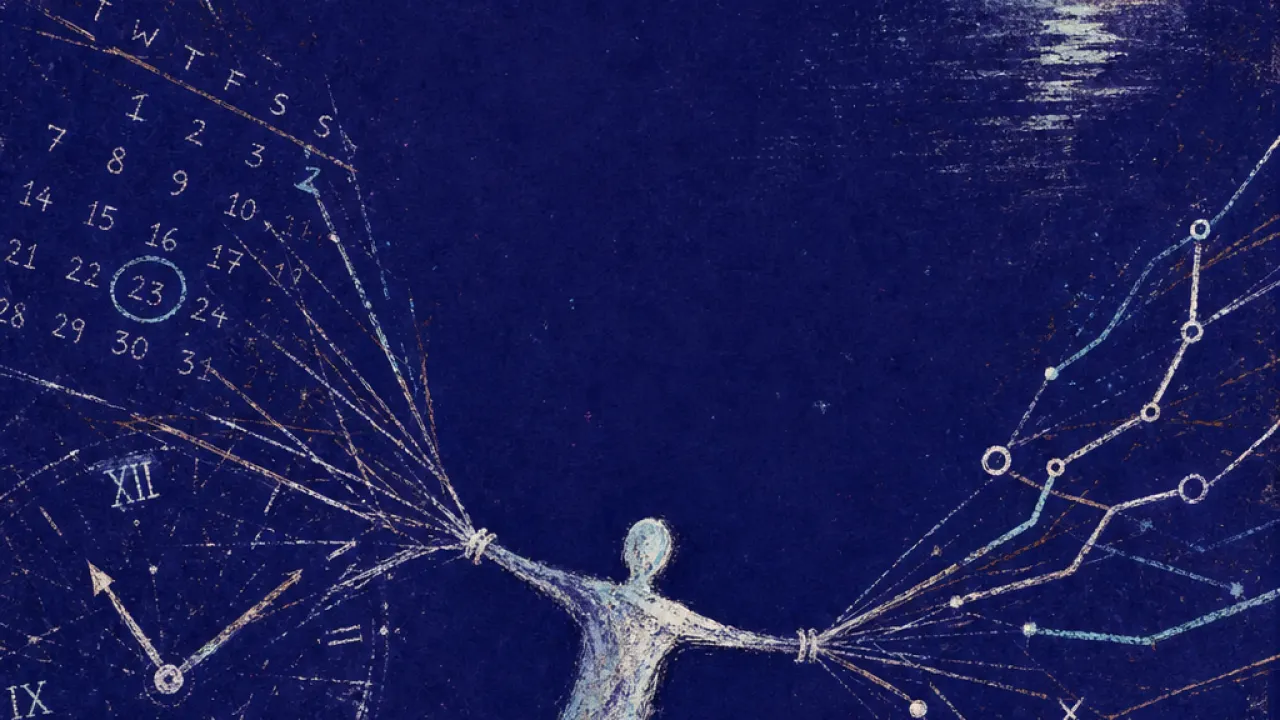 Pulled away from the room A solitary figure pulled from a distant lit room by calendar pages, clock hands, and transit lines in deep indigo space