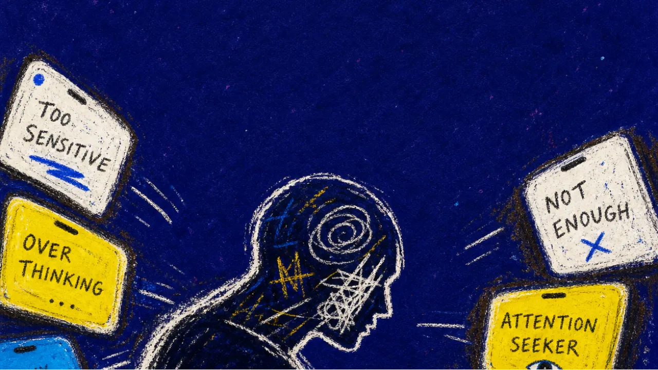 Pushed into public view A solitary figure surrounded by glowing phones and floating tags, shoulders pulled inward as white glare pushes their outline