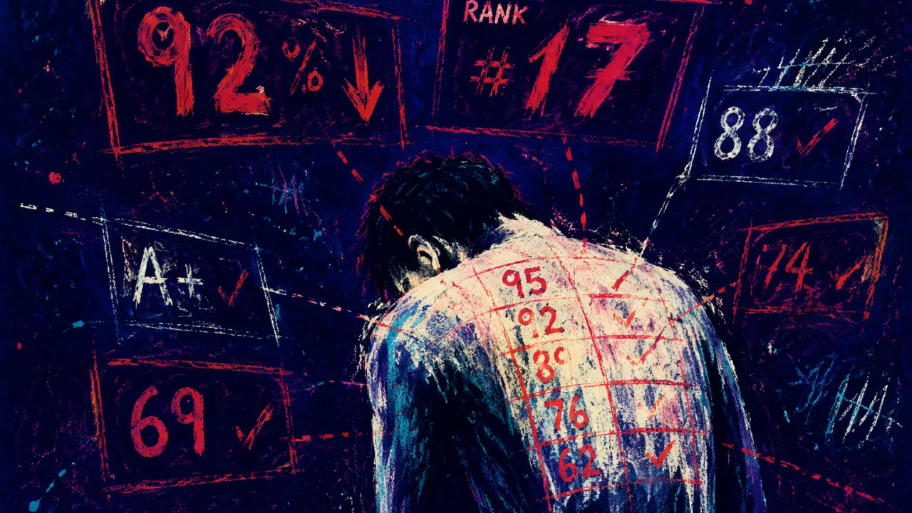 A solitary figure under floating scoreboards, red numbers pressing a grid into the shoulders and upper back