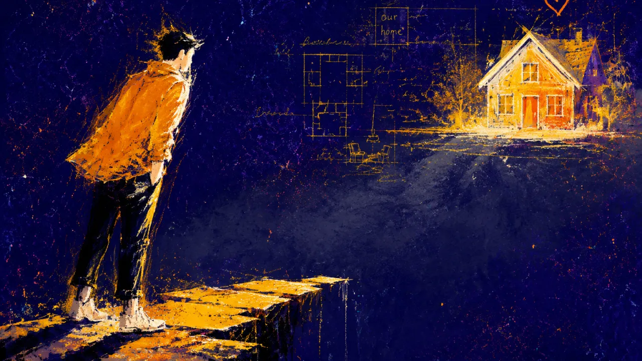 Promise Beyond an Unfinished Path A solitary figure leans toward a glowing home, with an unfinished path ending at their feet before an empty indigo gap.
