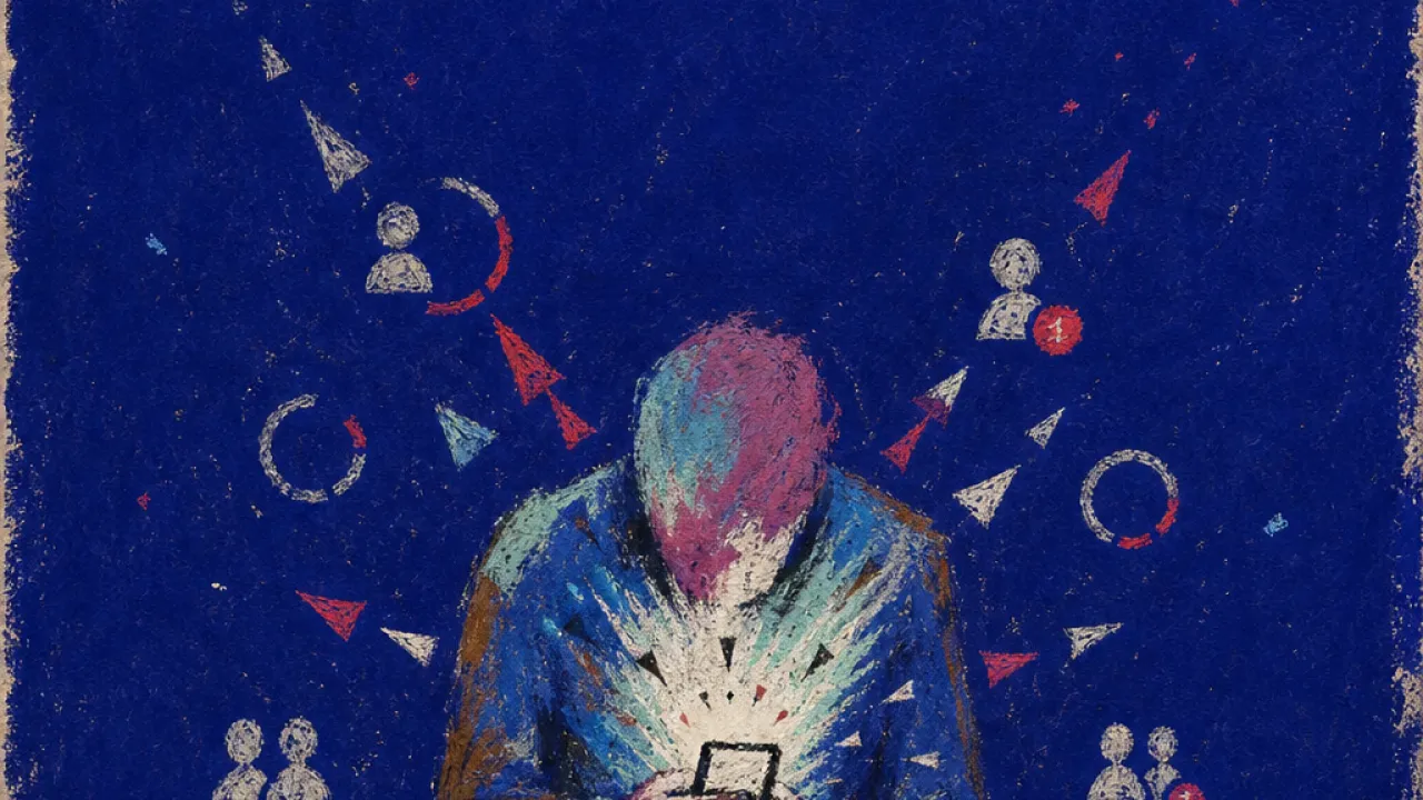 Signals pressing from all sides A solitary figure with shoulders drawn over a glowing phone, tagged silhouettes pressing inward from three sides