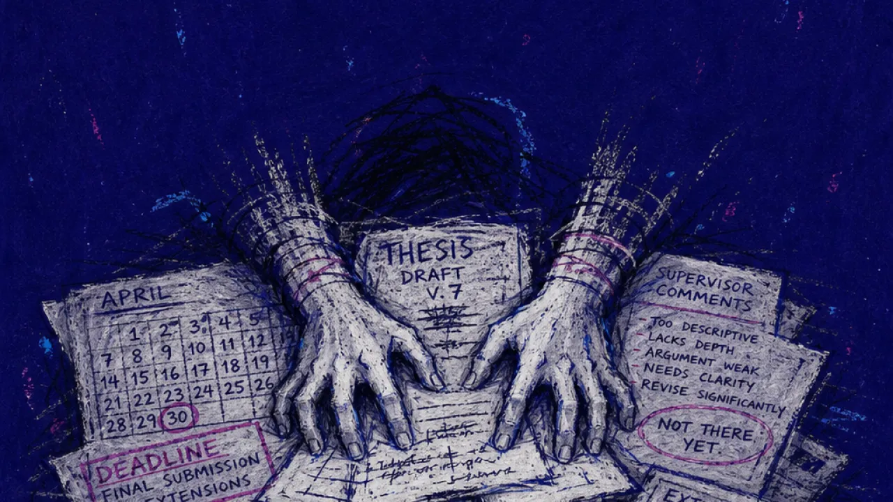 A hunched figure over thesis pages, wrists pressed by calendar sheets and comments into a forked path of pale paper