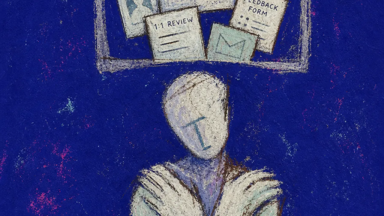 A solitary figure held under a suspended review frame, HR papers and calendar blocks pressing down into stillness