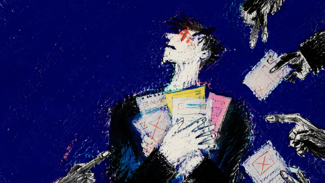 A solitary figure on uneven flooring as raised hands and marked-up papers press toward their chest in deep indigo space