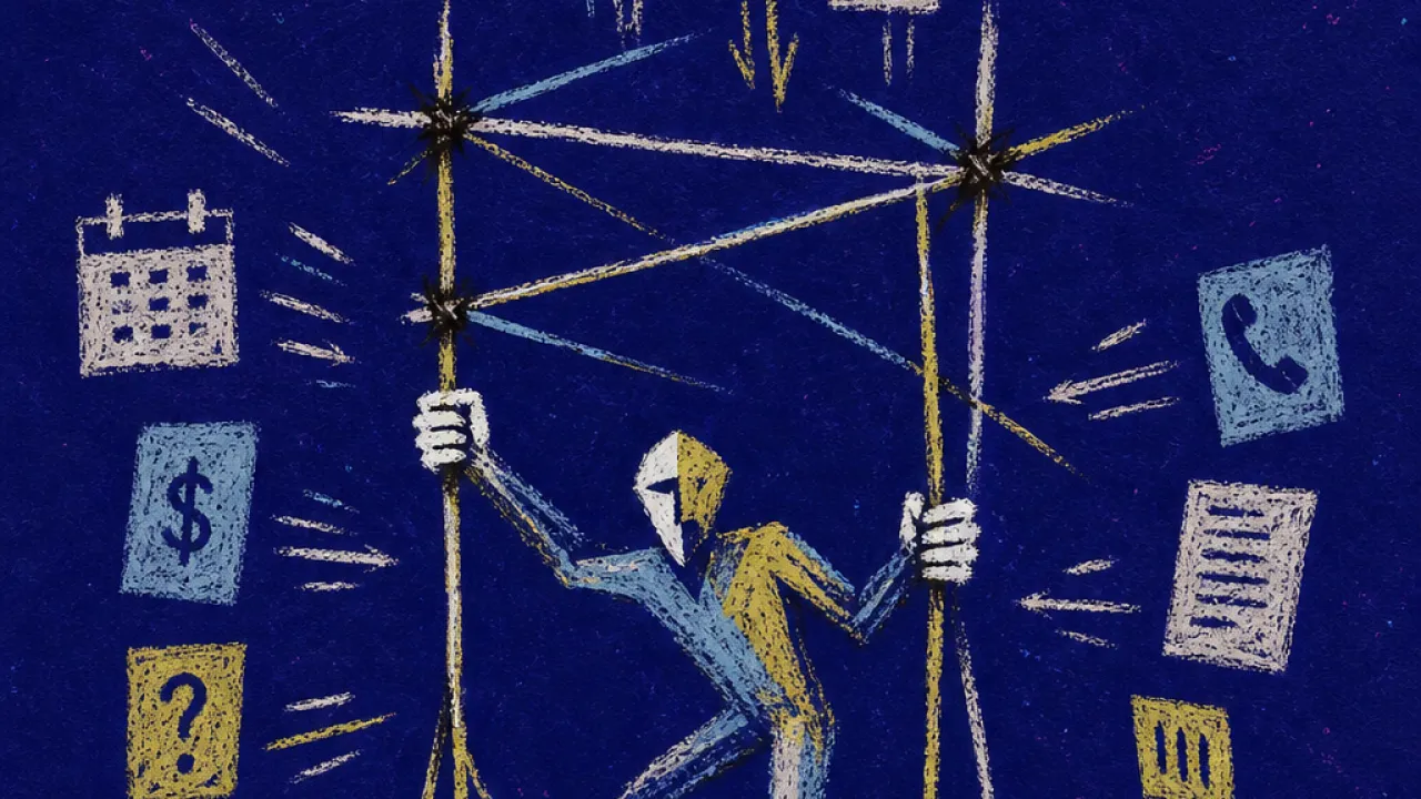A solitary figure bracing a fragile scaffold as calendars, bills, calls, and papers press inward from every side