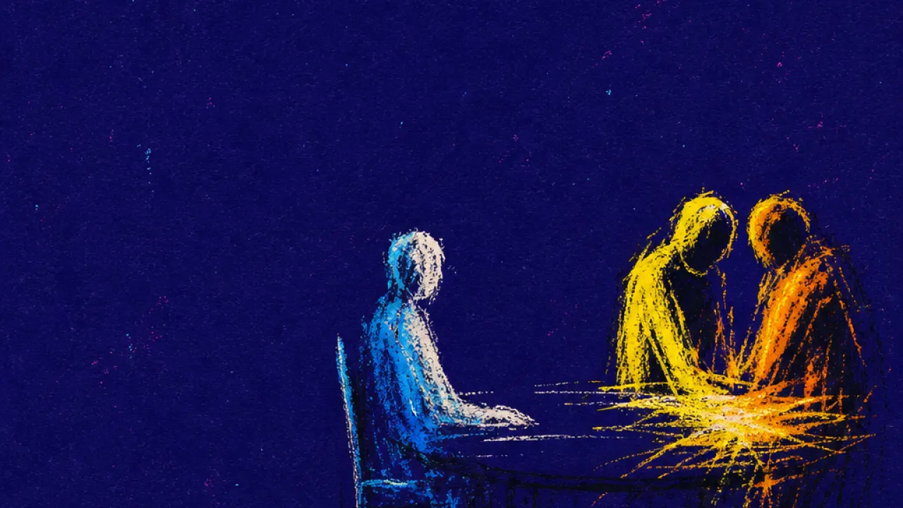 A solitary figure at the edge of a table while two silhouettes lean inward, warm light pulled away into deep indigo space