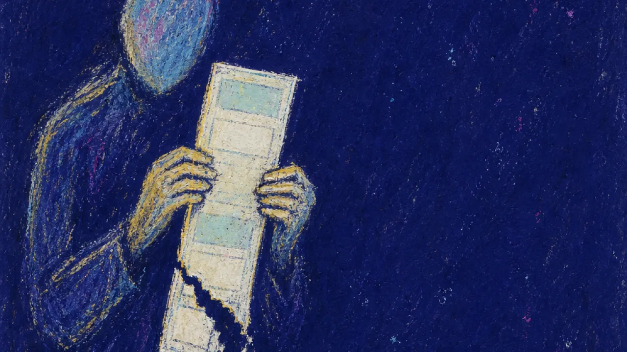 A solitary figure holding a thin weekly schedule as empty shift blocks pull at their hands in pale gaps against deep indigo