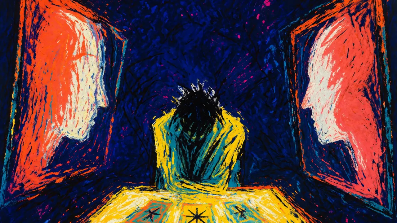 A solitary figure leans over a glowing table as profile frames close around the shoulders and silhouettes wait behind glass.