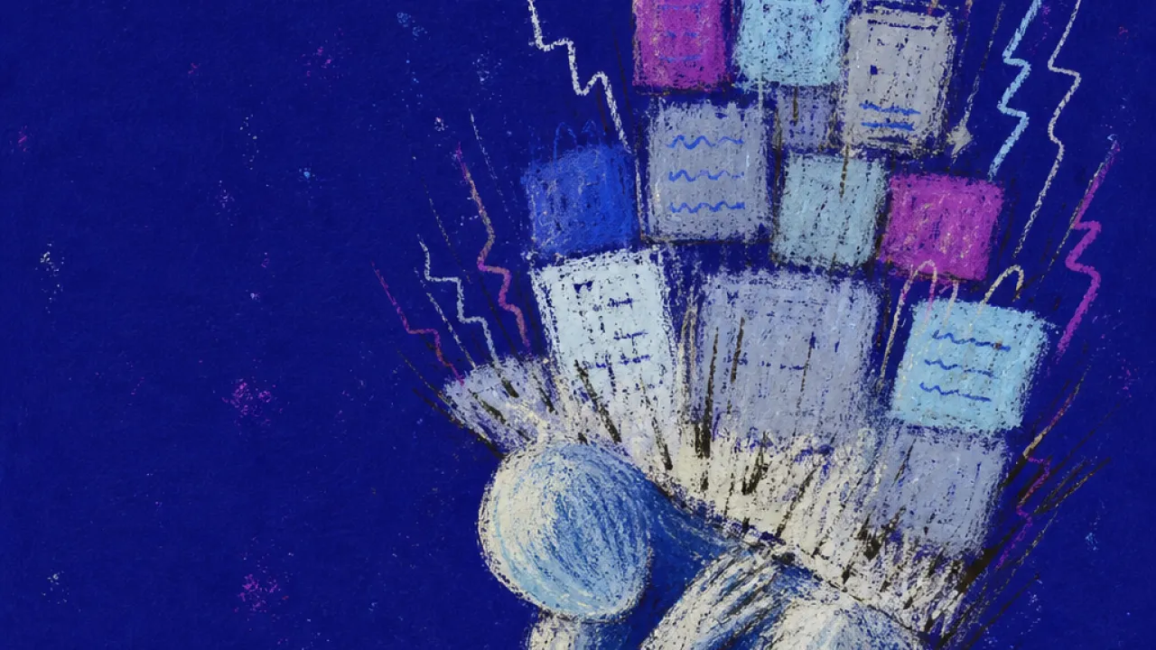 Work compressed into less time A solitary figure hunched under stacked calendar blocks and message threads pressing into the shoulders in deep indigo space