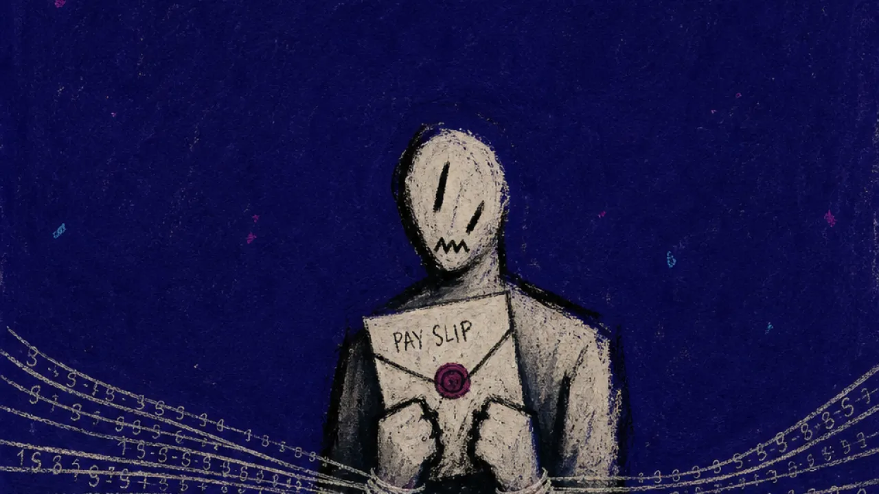 A solitary figure holds a pay slip as form fields pull numeric threads tightly around their wrists