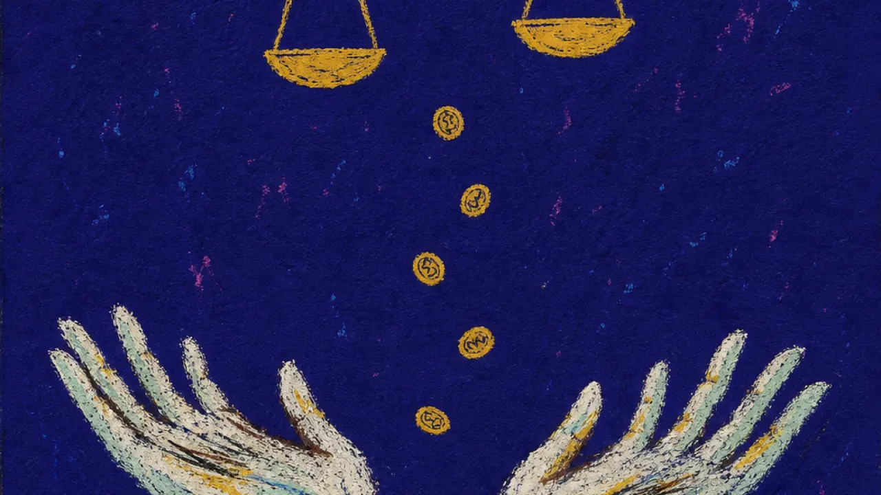 A solitary figure reaches upward as a hand with scales releases small coins that fall short, leaving cold gaps in deep indigo