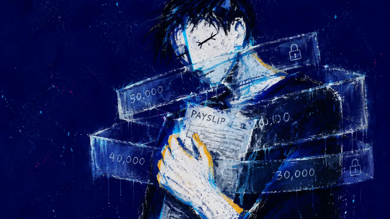 A solitary figure clutching a payslip as transparent salary bands press into their chest and shoulders.