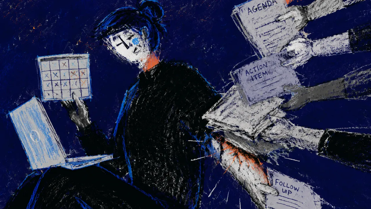 A solitary figure holding a laptop as many hands place agenda papers and action items onto their arms in dark space
