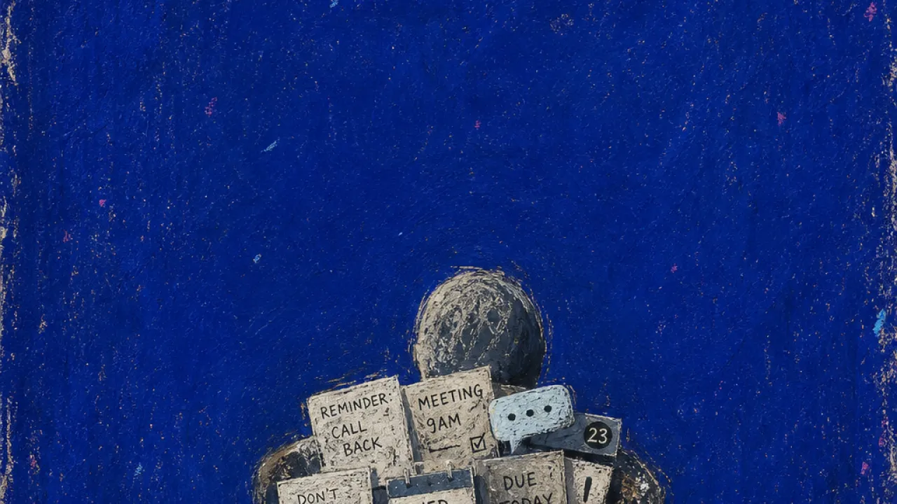 Pressure that keeps arriving A solitary figure with shoulders locked forward as alerts, bills, and message bubbles press weight across the upper back