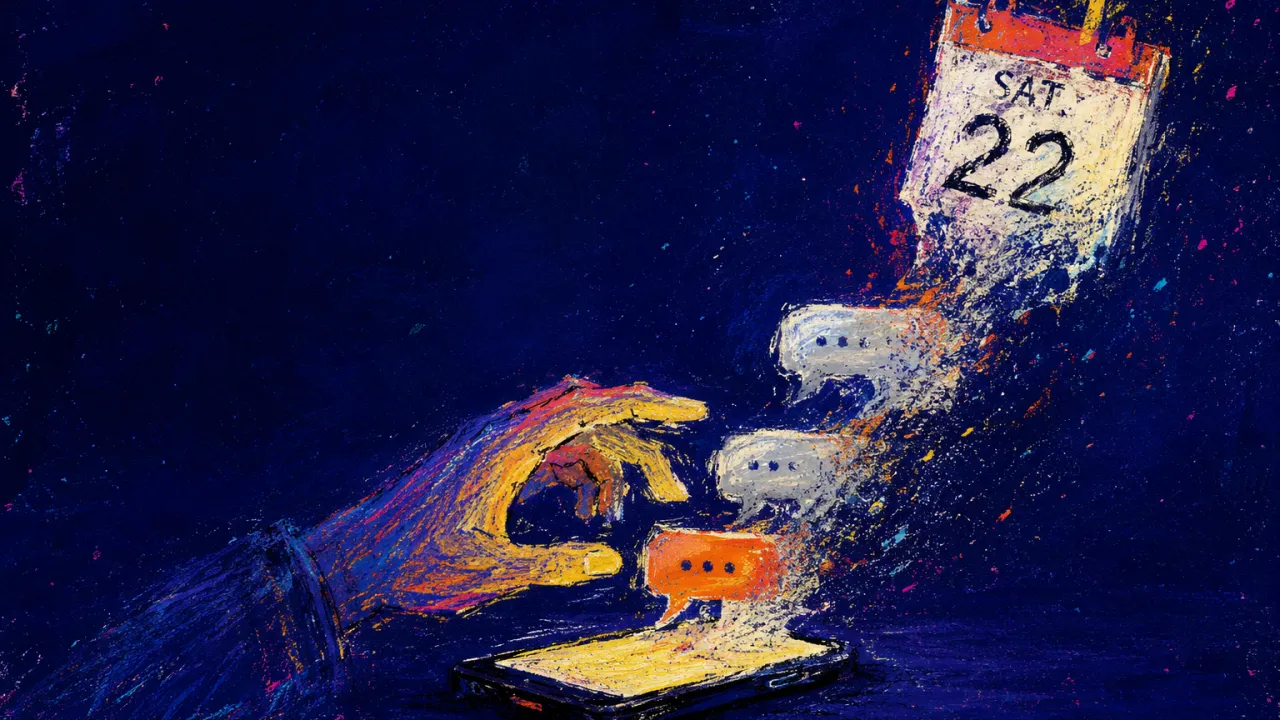 A solitary figure reaching toward a glowing phone as canceled calendar pages dissolve into pale message bubbles