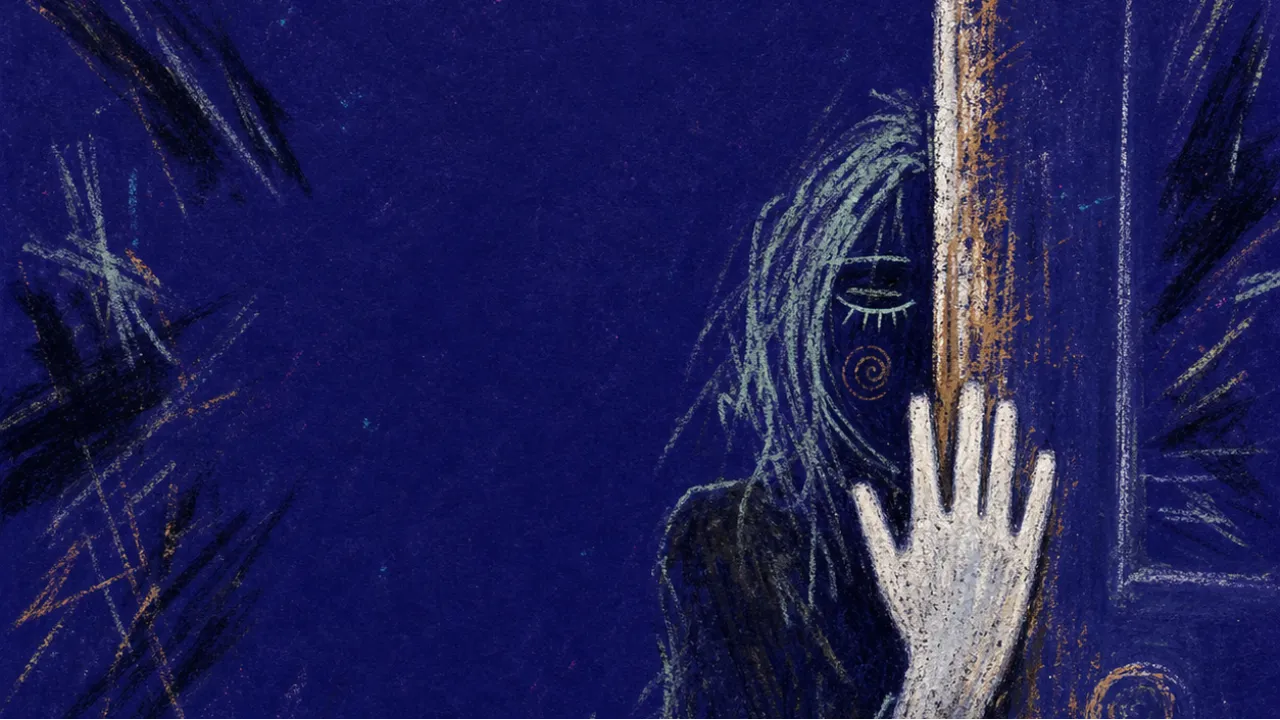 A solitary figure bracing behind a half-closed door as hallway shadows and notes press inward through the frame
