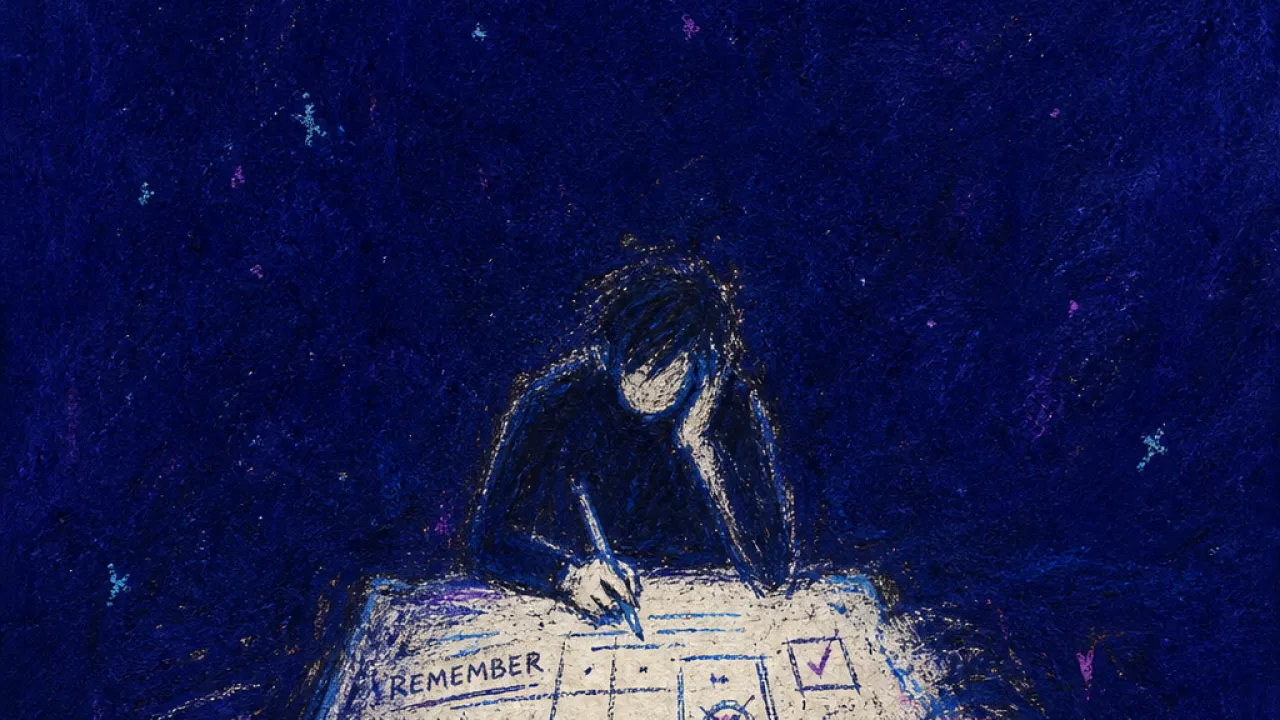 When support becomes assignment A hunched figure over a glowing worksheet as calendar squares and waiting hands press the page inward in deep indigo space
