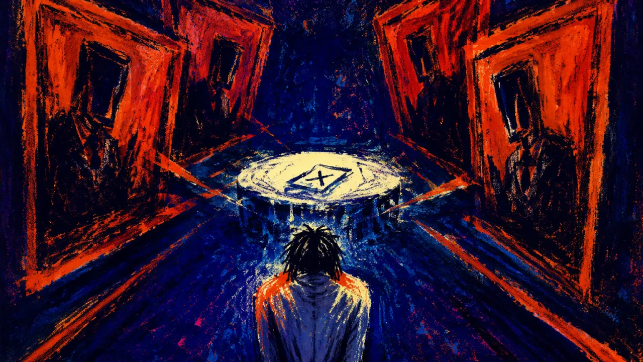 Solitary figure angled back beneath converging frames, with shadows pressing the shoulders and pathways leading to one table