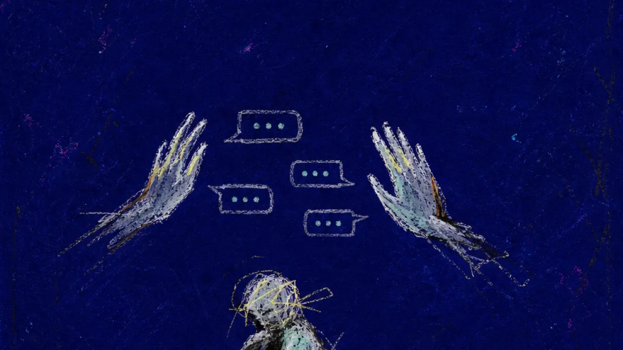 A solitary figure hunched over a dim phone, hands paused above delayed message bubbles pressing inward through dark space