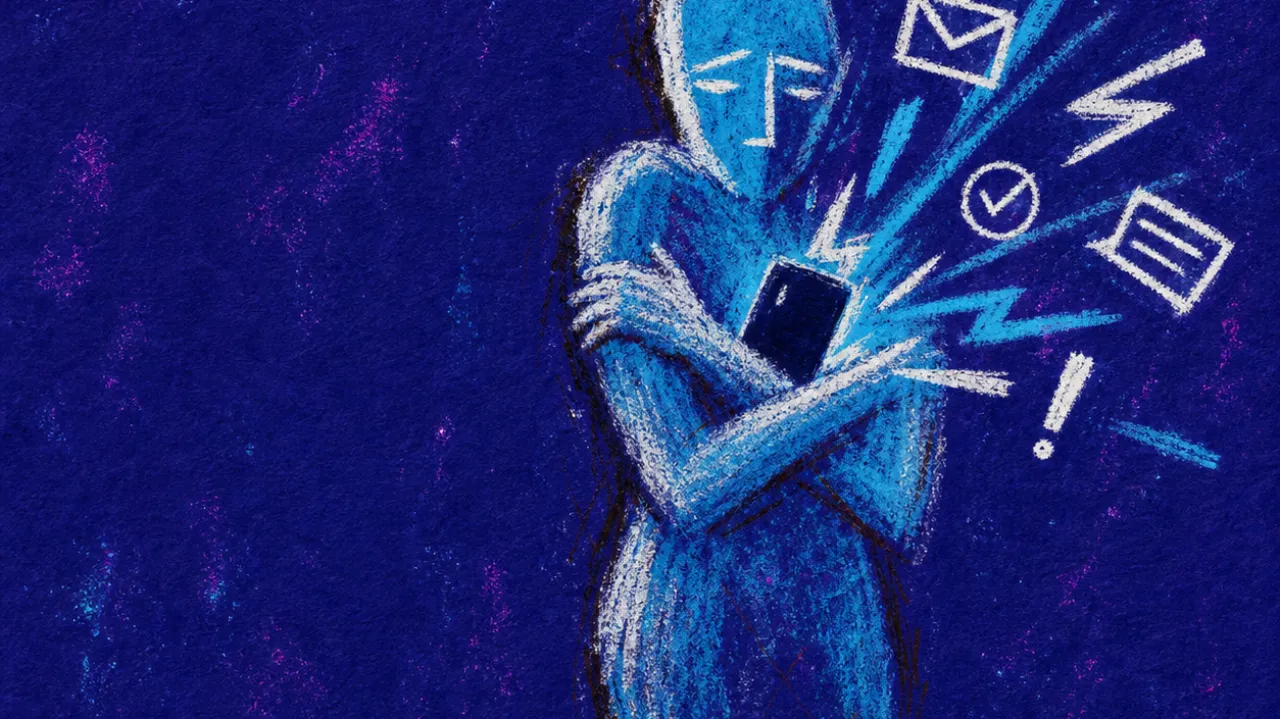 Alerts pressing past boundaries A solitary figure at a doorway with crossed arms as bright phone alerts press inward against the chest and shoulders