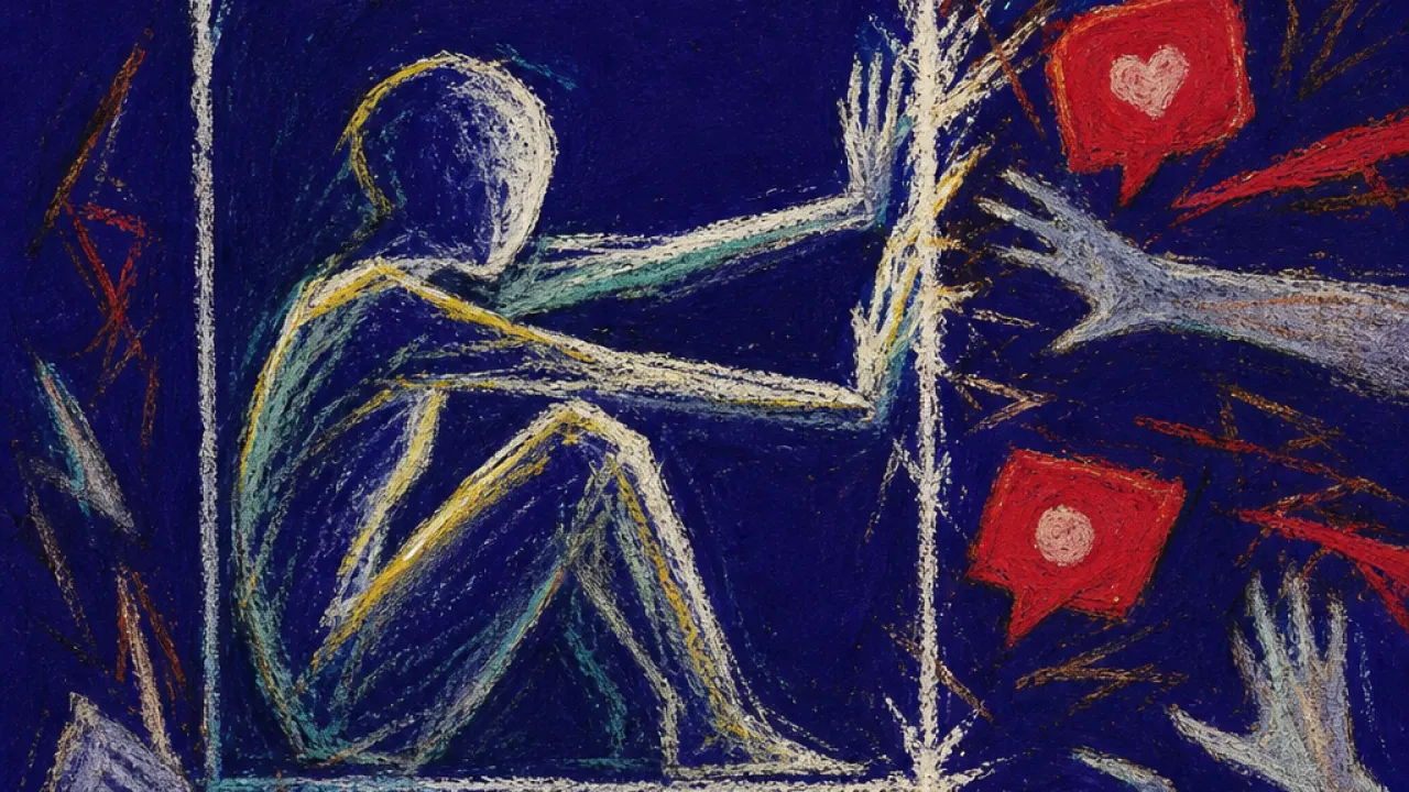 A seated figure inside a thin calendar square, forearms bracing as red pings and reaching hands press against the border