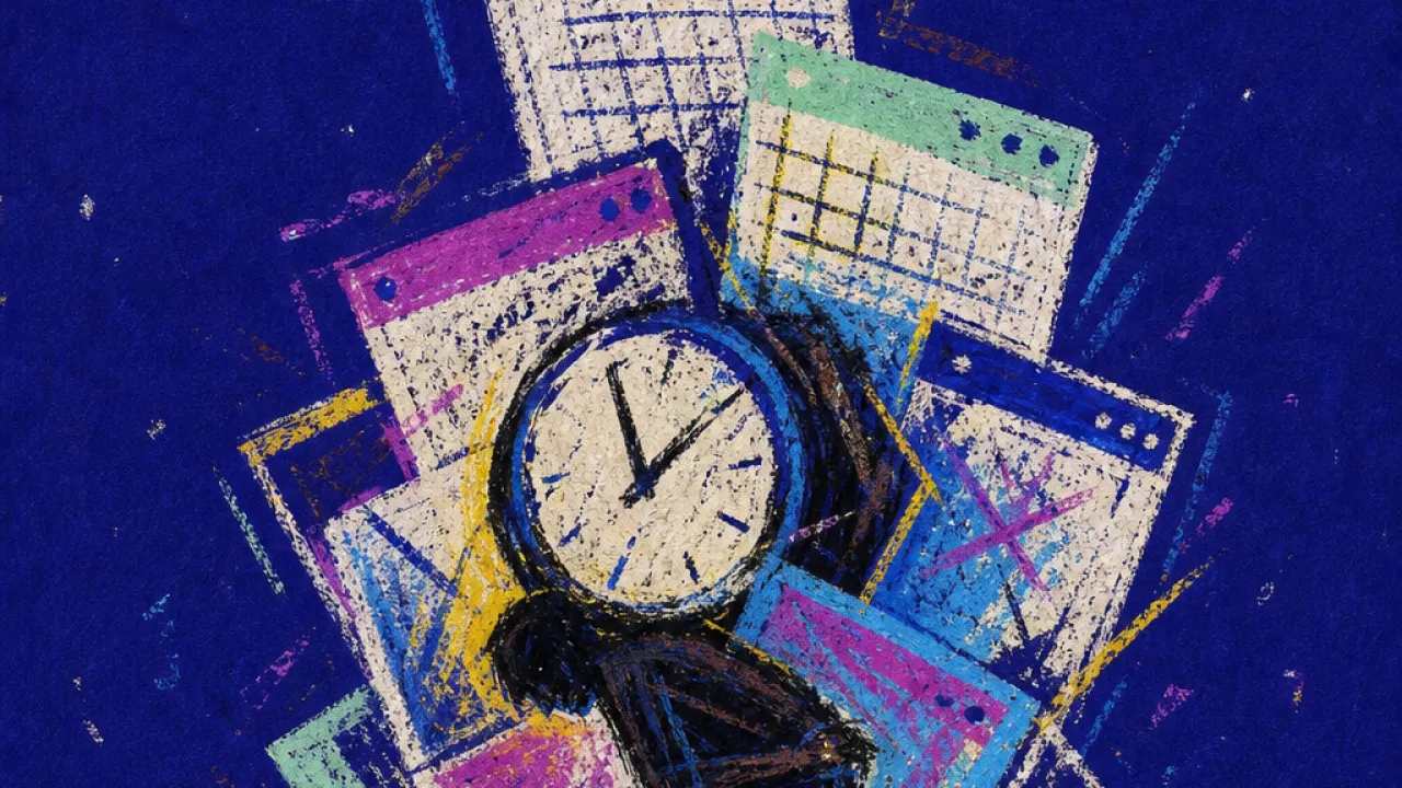 A hunched figure under clock-shaped pressure from glowing calendars, portals, and document tabs in deep indigo space
