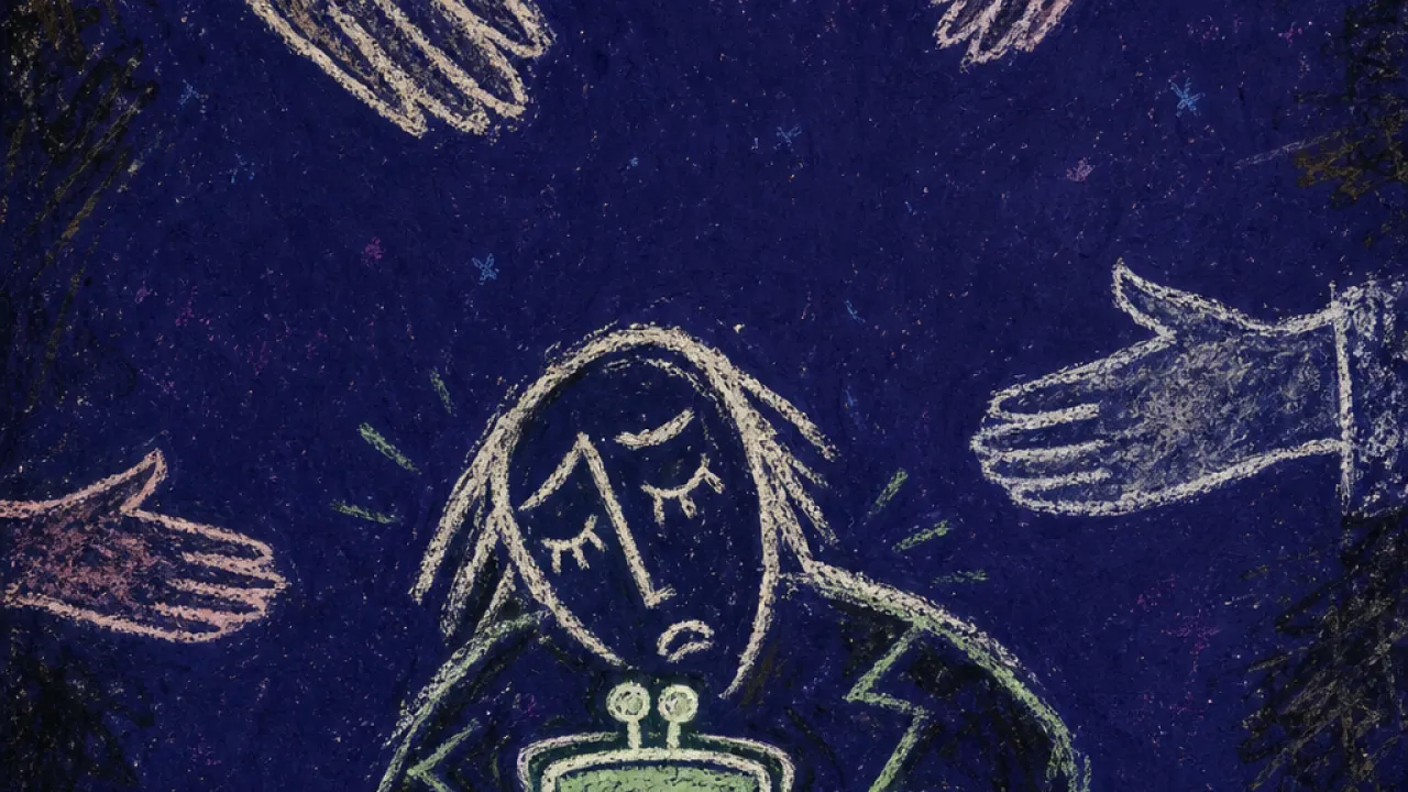 A solitary figure guarding a small purse as open hands and payment slips press inward from every side