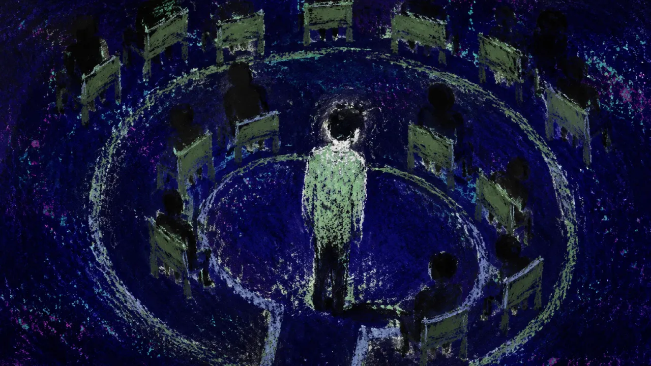 The Circle Narrows at Entry A solitary figure stands at an opening in concentric chair circles as patterned paths narrow around the torso.