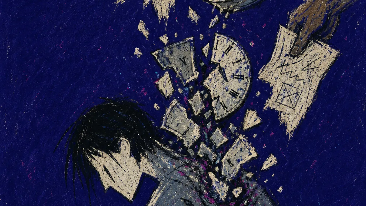 A bowed figure carries papers, dishes, and broken clocks as many hands add more weight from above