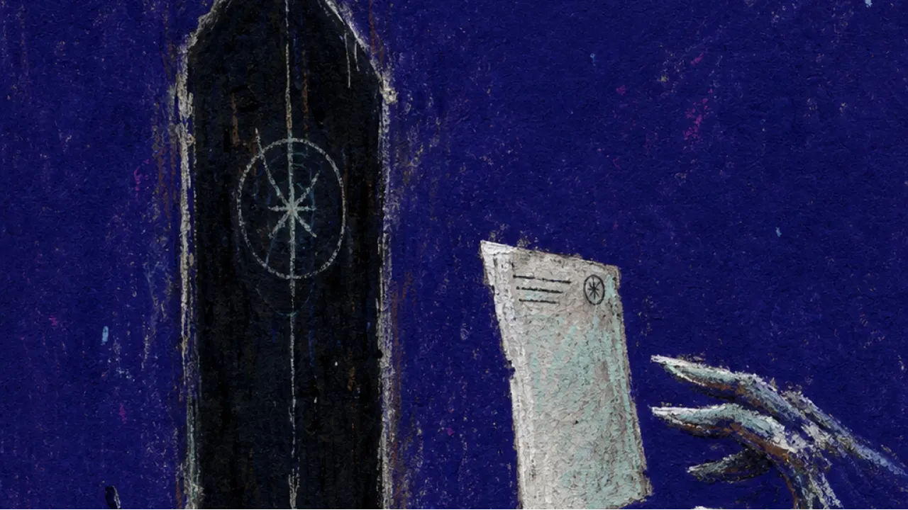 Access Held Just Out Of Reach A solitary figure reaching toward a sealed gate while another hand holds an unsigned page just beyond their fingertips