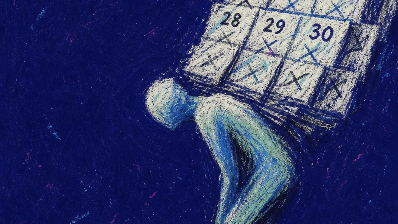 A solitary figure bent toward a glowing time sheet as unseen hands fill calendar blocks and press weight into the shoulders