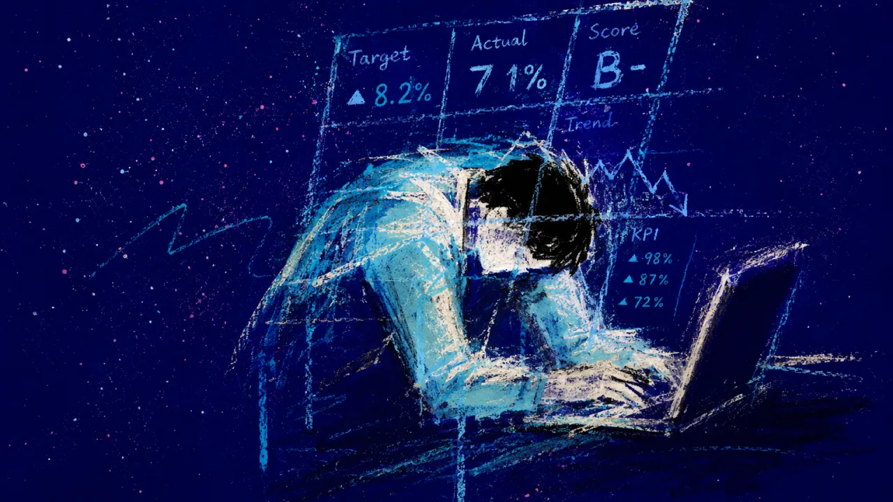 A solitary figure hunched over a laptop as projected grids press into shoulders and wrists, leaving pale scorecard marks