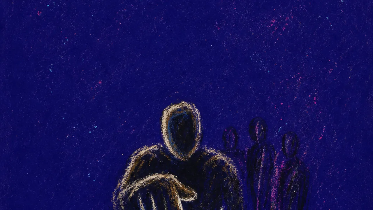 The screen pushes back A solitary figure holding a card near a glowing tip screen, with bright percentages rising as silhouettes wait behind