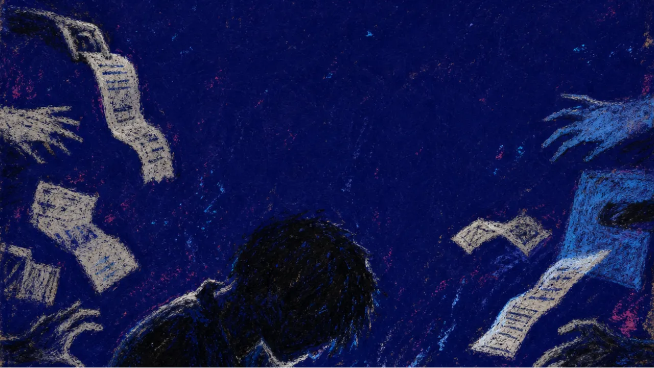 Bills closing in A hunched figure holds a glowing phone as receipts, bills, and waiting hands press inward from every side