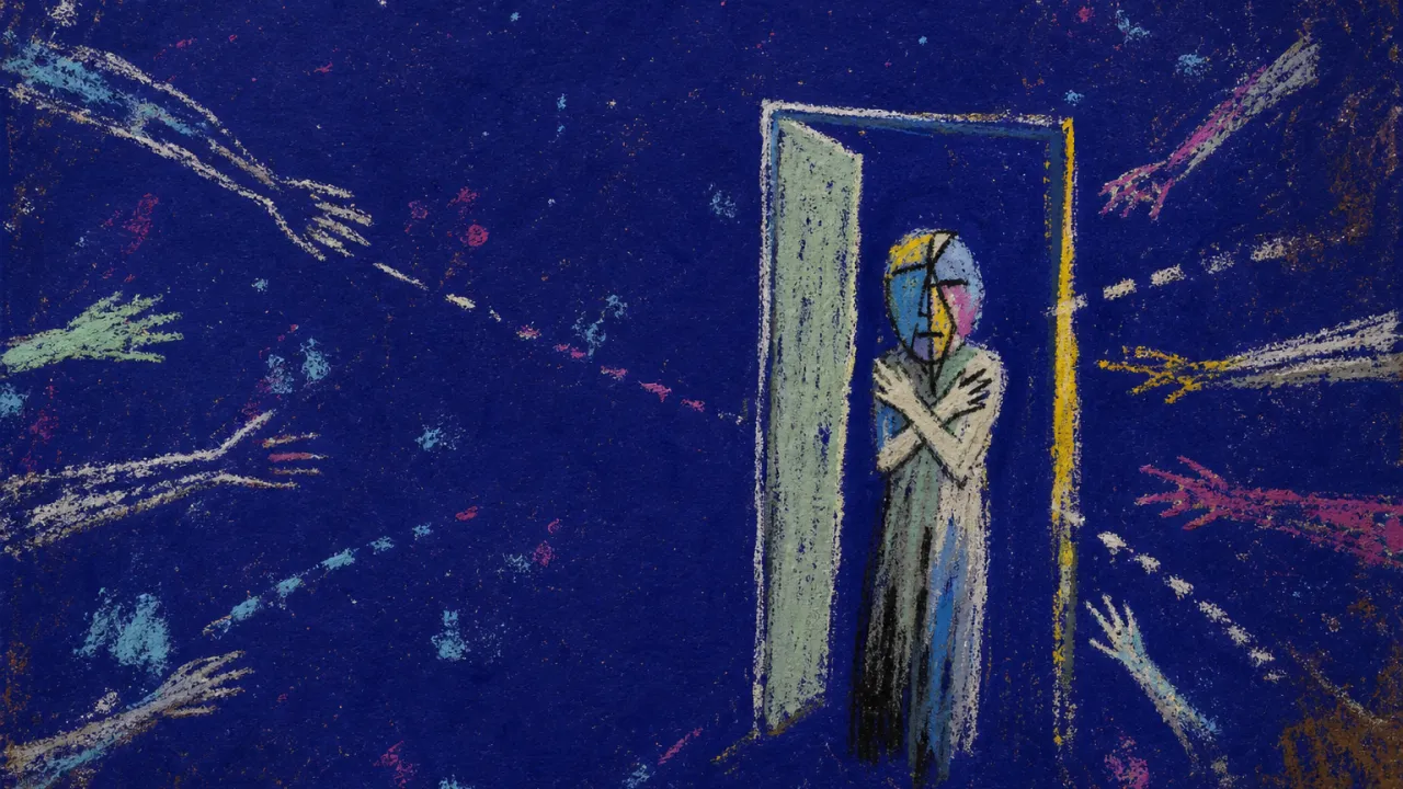 Pressure at the doorway A solitary figure blocking a doorway with one arm across the chest as paper lines and reaching hands press inward