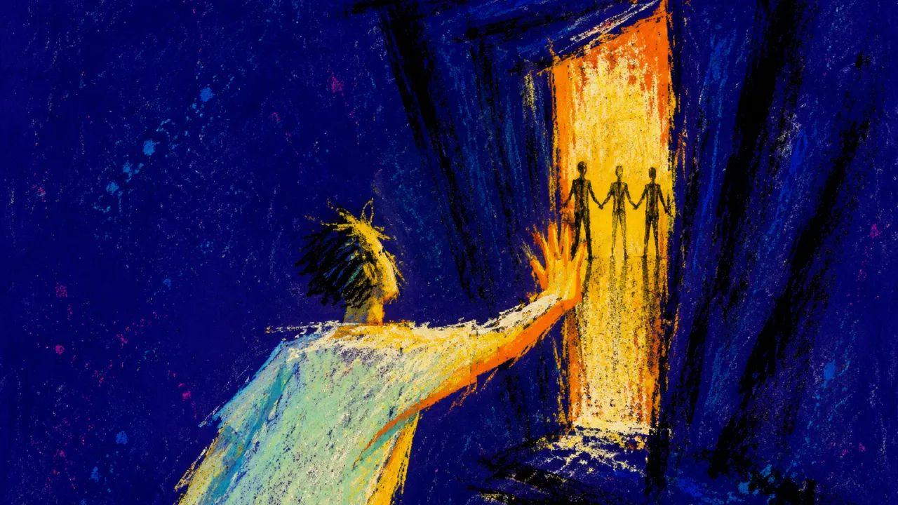 A solitary figure with braced shoulders reaches one palm toward silhouettes as indigo frames narrow around an amber doorway.