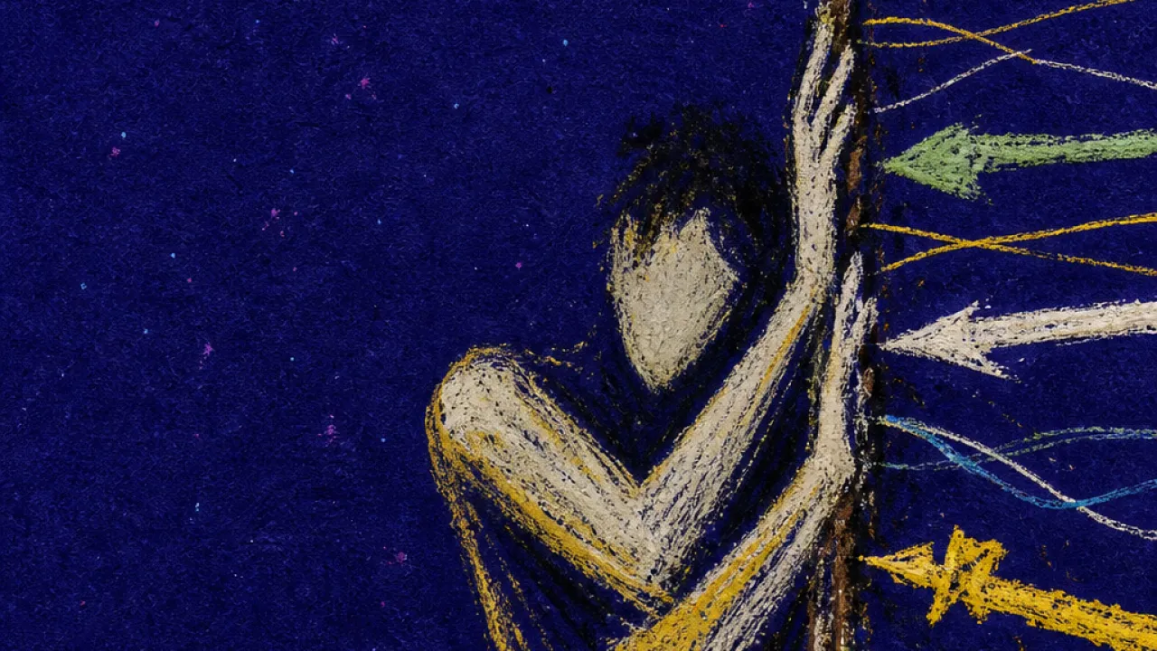 A solitary figure bracing against raised wands and glowing message threads pressing into a visible boundary line