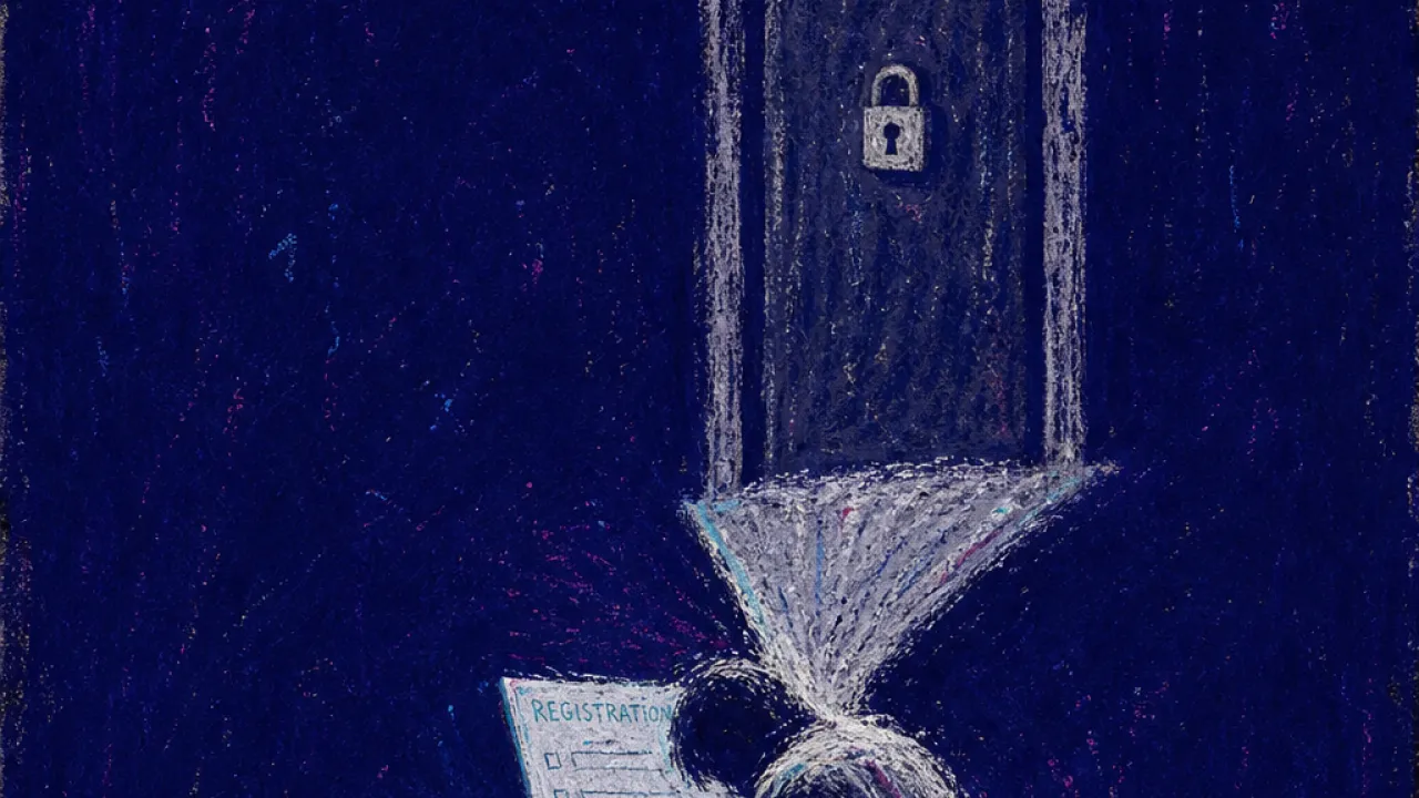A solitary figure bent over a glowing portal as a locked classroom door casts heavy lines across their shoulders