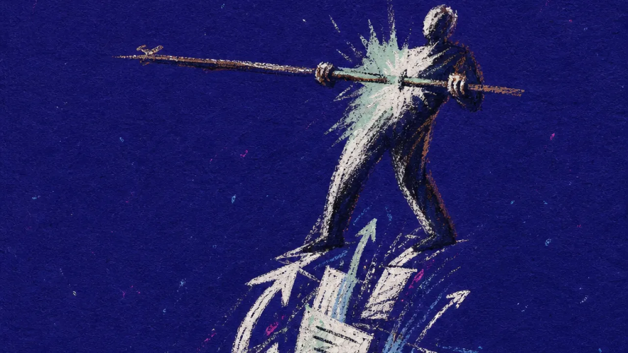 A solitary figure bracing a staff as revision notes and message threads rise from below, pushing against a narrow boundary