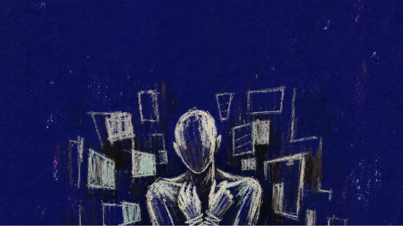 A solitary figure with shoulders pinned forward as calendar alerts and closing windows press a frame around the torso