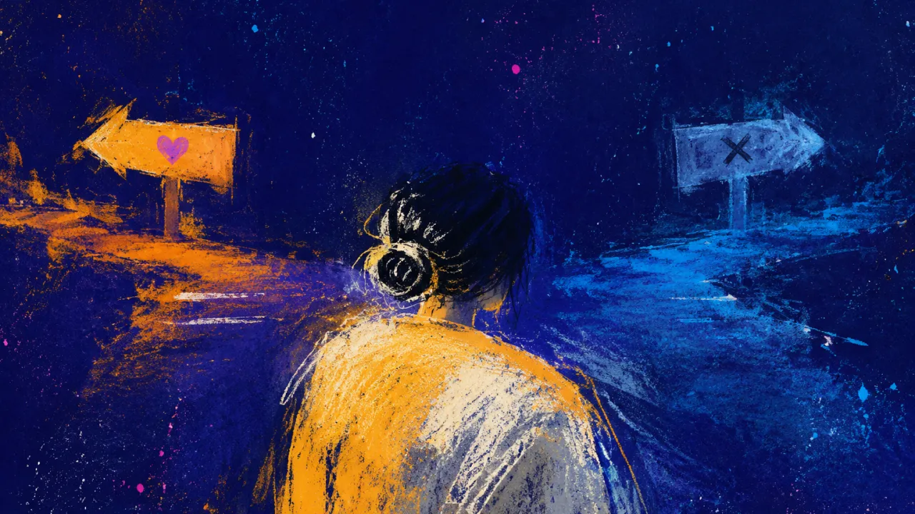 A solitary figure with lowered shoulders as two directional lines press into shared space, warm amber meeting cool indigo.