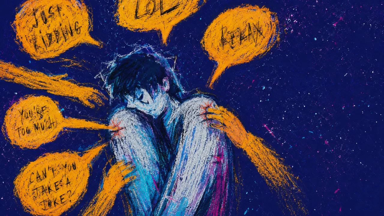A solitary figure with shoulders pulled inward as coworker hands push speech bubbles into the ribs, leaving impressions