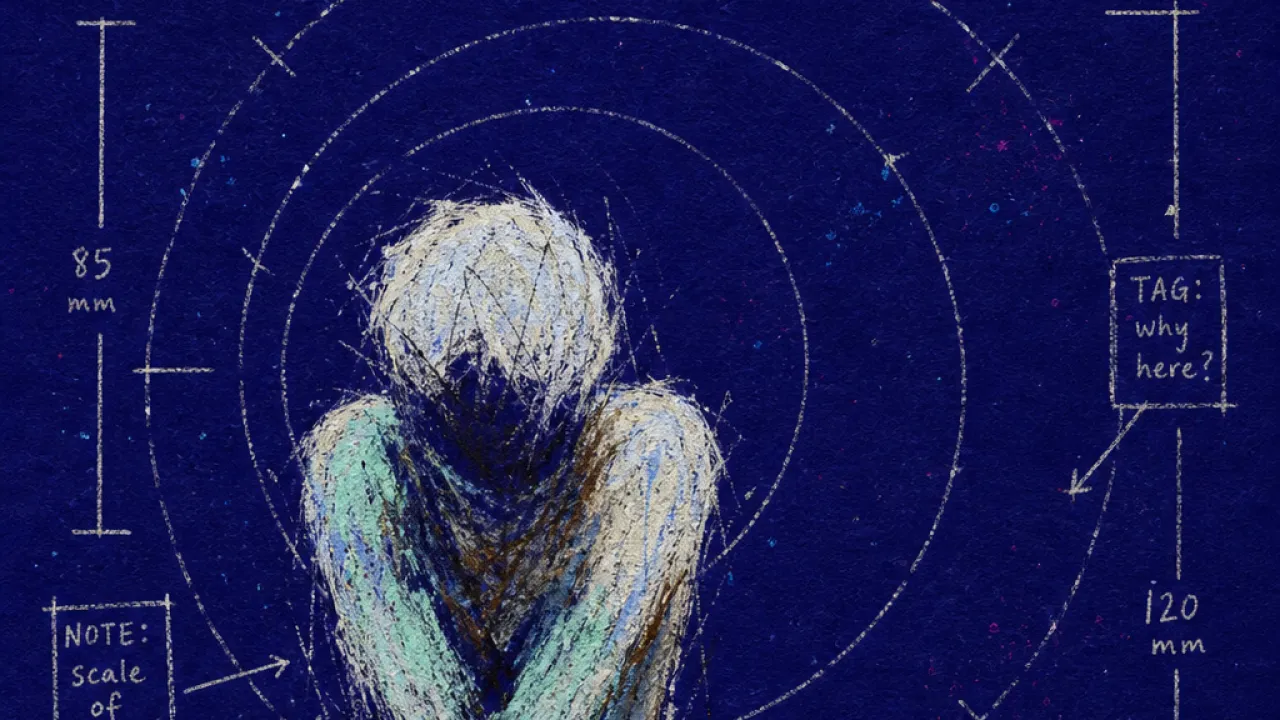 A solitary figure framed by camera lenses, sizing marks, and comment tags pressing inward around the body