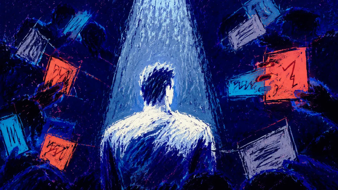 The Spotlight Keeps Narrowing A solitary figure stands with squared shoulders under a narrowing spotlight as audience silhouettes fill the indigo frame.
