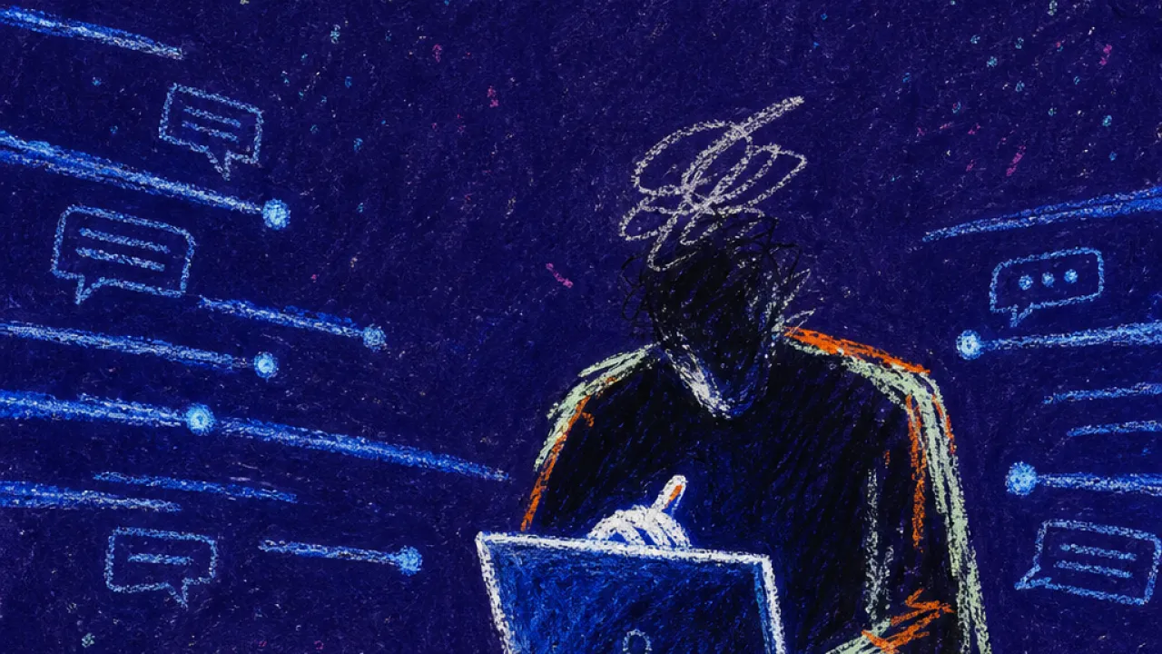 Pings pulling time inward A solitary figure hunched over a laptop as glowing message threads pull inward from every side in deep indigo space