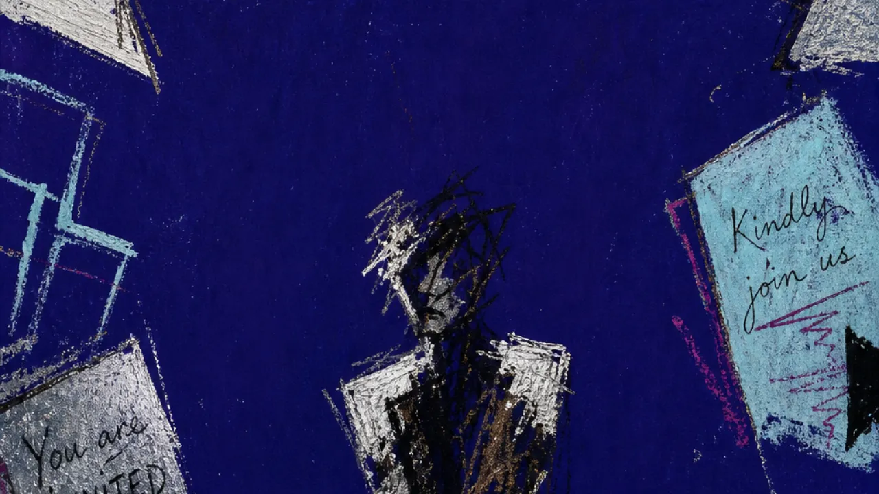 Neutrality closing in A solitary figure surrounded by chairs and invitation slips, unseen hands closing the room into forced proximity