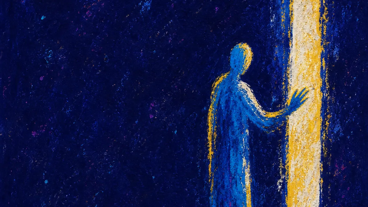 Access pulled out of reach A solitary figure paused outside a lit doorway as thin message-like lines pull the room inward beyond reach