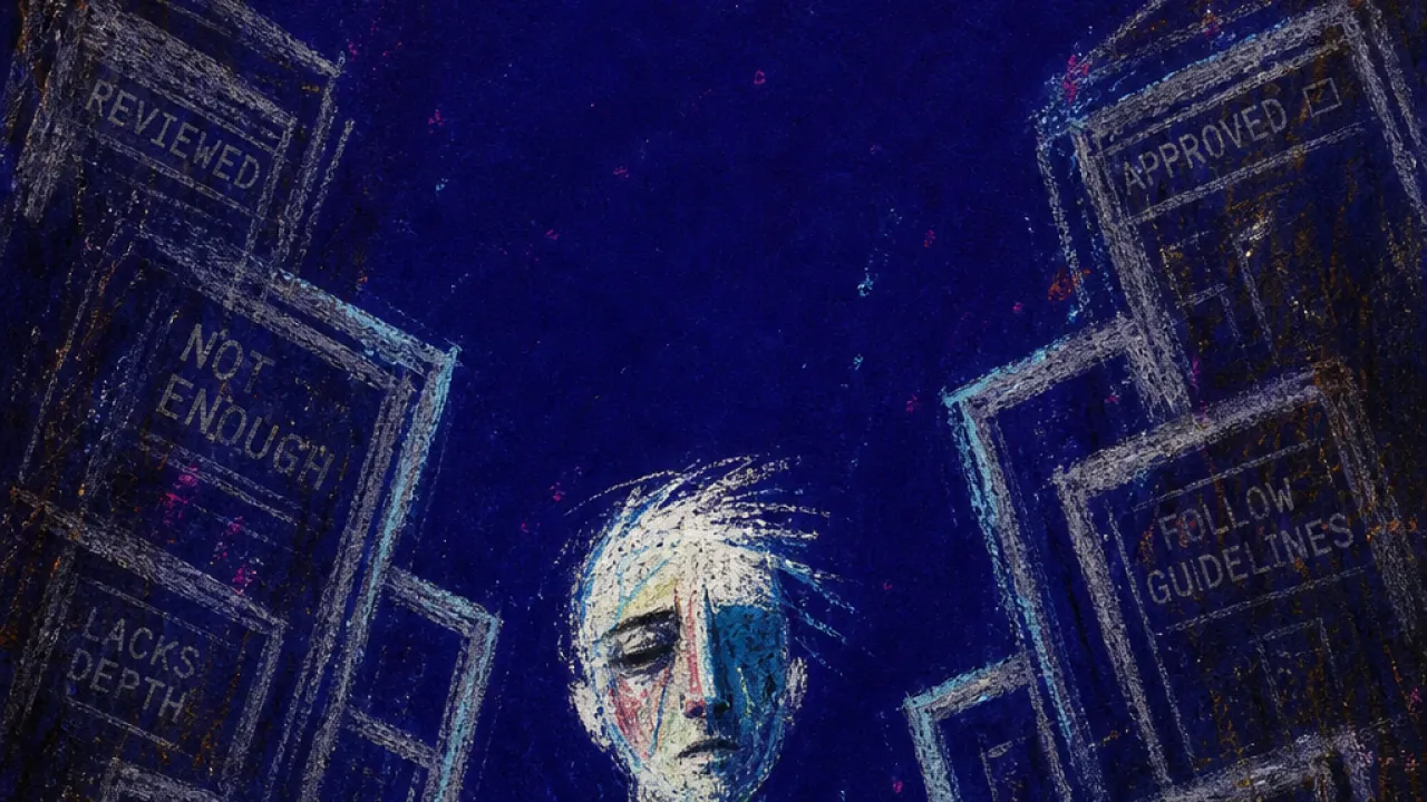 A solitary figure with raised shoulders as shifting doorframes press inward, leaving cold marks along the shoulder line