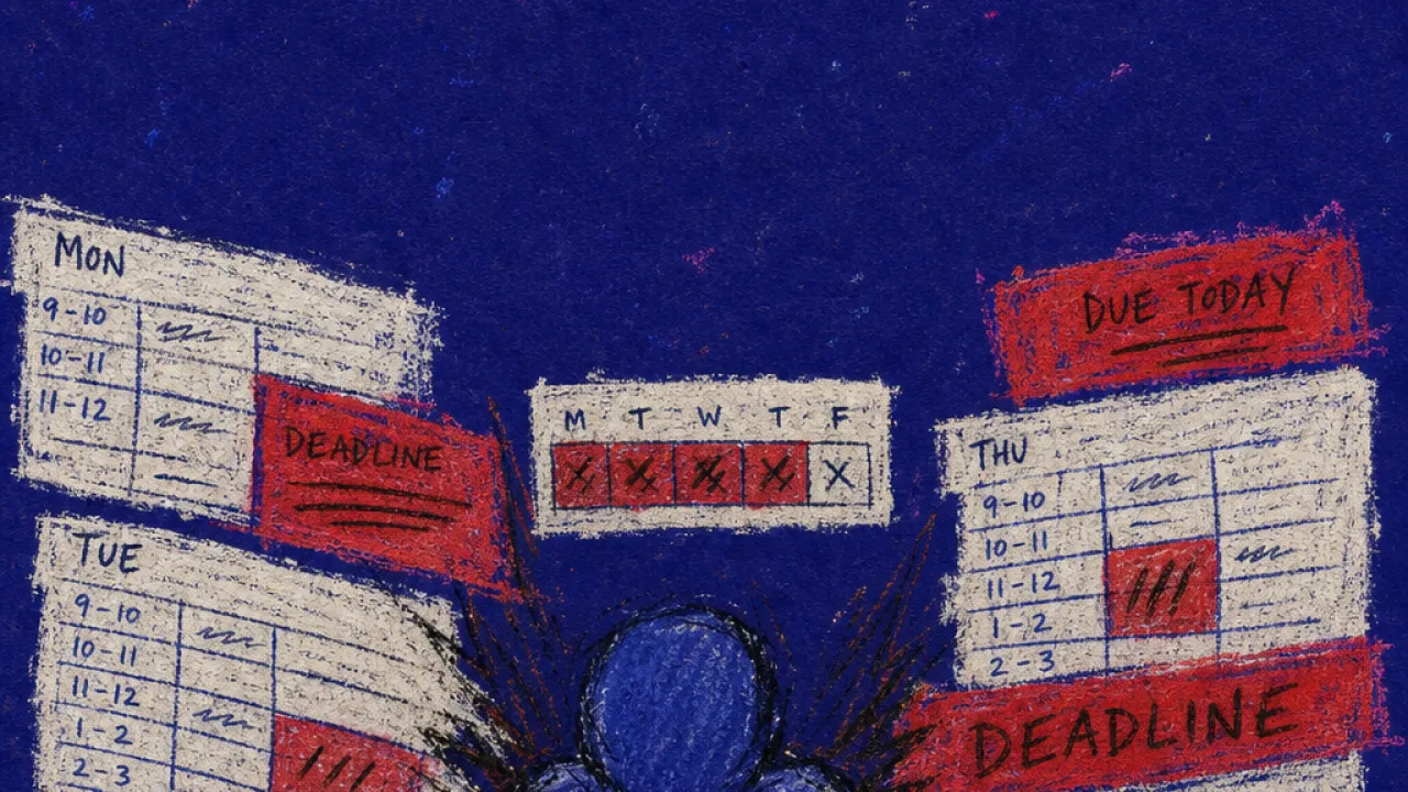 Deadlines closing around you A solitary figure with shoulders drawn inward as calendar blocks and stacked pages press around the body in indigo space